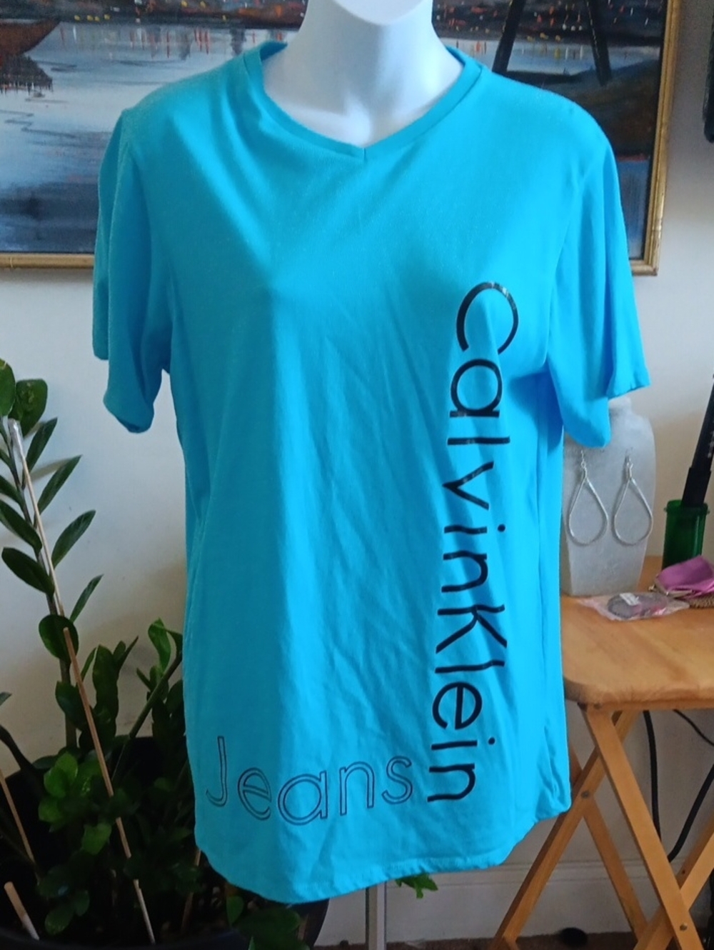 Calvin Klein Bright Turquoise V-Neck Logo Tee